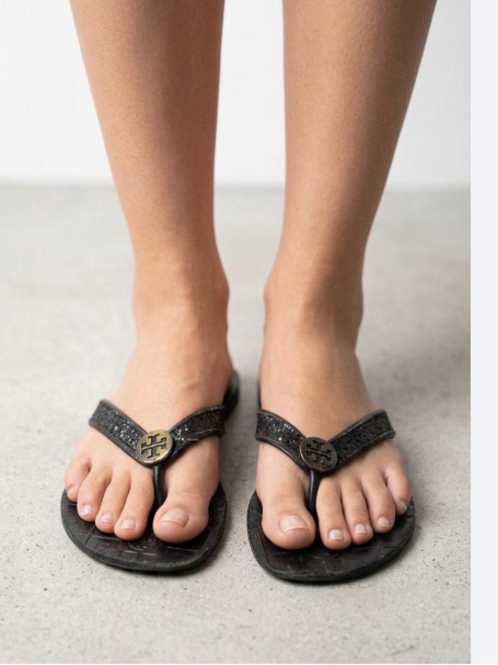 Tory Burch Black Glitter Women’s Sz 8 Logo Thong Sandals
